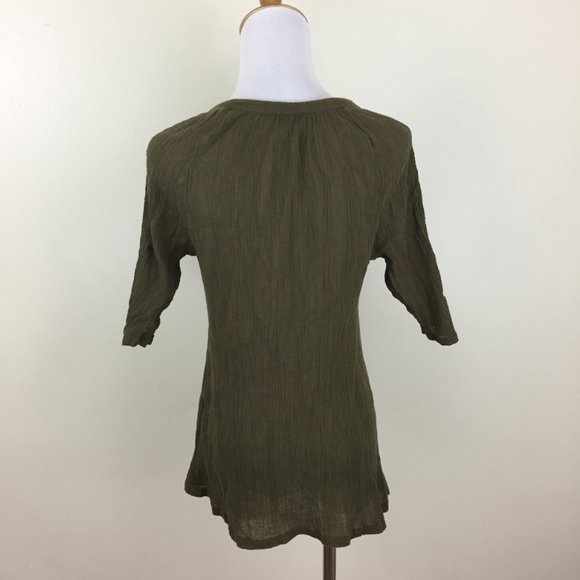 LUCKY BRAND Dark Moss Green Tie Collar Tassels Crepe Embroidery Shirt - Picture 10 of 10